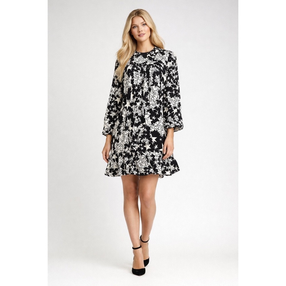 French‎ Connection Womens Black White Star Print Long Sleeve Ruffle Dress Size 8